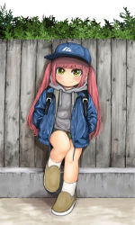 Rule 34 | 1girl, against fence, backpack, bag, blush, female focus, fence, haaam, hands in pockets, hat, hood, hoodie, jacket, looking at viewer, original, pink hair, shoes, short shorts, shorts, smile, socks, solo, twintails, yellow eyes