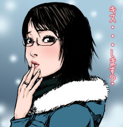 Rule 34 | 1girl, black eyes, black hair, blush, coat, face, finger to mouth, glasses, jewelry, kiss, lips, looking at viewer, ring, solo, translation request, usatarou