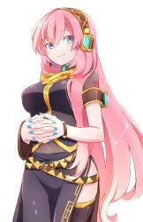 Rule 34 | 1girl, amulet, armband, bad id, bad pixiv id, belt, black shirt, black skirt, blue eyes, blue nails, breasts, cowboy shot, gold trim, headphones, headset, highres, kkr rkgk, long hair, looking at viewer, medium breasts, megurine luka, microphone, midriff, nail polish, navel, neon trim, own hands together, pink hair, see-through, shirt, shoulder tattoo, side slit, skirt, smile, solo, tattoo, thighhighs, very long hair, vocaloid, white background