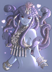 Rule 34 | 1girl, 2021, artist name, bare shoulders, blue background, blue skin, bracelet, cobra (animal), colored skin, dated, feathers, final fantasy, final fantasy xi, glint, hair tubes, headpiece, heart, highres, jewelry, lamia, lamia (final fantasy), looking at viewer, midriff, monster girl, open mouth, pink feathers, piyoco, red eyes, scales, smile, snake, snake hair, solo, sparkle