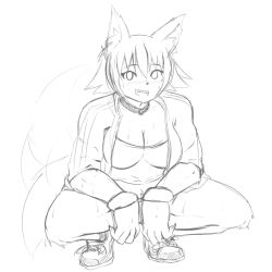 Rule 34 | 10s, 1girl, animal ears, artist request, bike shorts, blush, breasts, cleavage, collar, dog ears, dog girl, dog tail, drawfag, fangs, furry, furry female, greyscale, happy, jacket, large breasts, midriff, monochrome, monster girl, monster musume no iru nichijou, open mouth, polt, shoes, short hair, short shorts, shorts, smile, sneakers, solo, sportswear, squatting, sweat, tail, tail wagging, tank top, track jacket