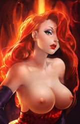 Rule 34 | 1girl, bare shoulders, breasts, breasts out, cleavage, disney, earrings, elbow gloves, face, female focus, gloves, green eyes, hair over one eye, highres, jessica rabbit, jewelry, large breasts, lips, lipstick, long hair, makeup, nipples, nude filter, orange hair, parted lips, red lips, sakimichan, solo, third-party edit, who framed roger rabbit