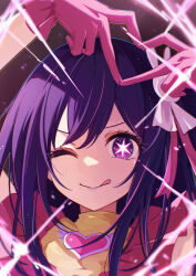 Rule 34 | 1girl, brooch, commentary request, dress, gloves, hair ornament, heart, heart brooch, heart hands, highres, hoshino ai (oshi no ko), idol, jewelry, one eye closed, oshi no ko, pink dress, pink gloves, purple eyes, purple hair, rabbit hair ornament, rakugaki ningen, smile, solo, star-shaped pupils, star (symbol), star in eye, symbol-shaped pupils, symbol in eye, tongue, tongue out, turtleneck, turtleneck dress