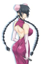 Rule 34 | 00s, 1girl, ass, back, backless outfit, bad id, bad pixiv id, bare back, black hair, braid, breasts, bun cover, china dress, chinese clothes, double bun, dress, elbow gloves, gloves, gundam, gundam 00, hair bun, highres, huge breasts, long hair, looking back, smile, solo, toryuu, twin braids, twintails, wang liu mei