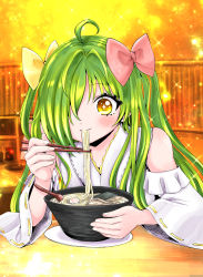 Rule 34 | absurdres, ahoge, bare shoulders, blush, bow, bowl, chopsticks, closed mouth, detached sleeves, eating, food, fukuoka gourmet sanmai yokato channel, hair bow, hair over one eye, highres, holding, holding chopsticks, indoors, japanese clothes, kamaboko, long hair, long sleeves, maizuru yokato, narutomaki, noodles, pink bow, ramen, sitting, smile, solo, sparkling eyes, speech bubble, table, temimin, twintails, twintails day, very long hair, virtual youtuber, wide sleeves, yellow bow, yellow eyes
