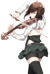 Rule 34 | 10s, 1girl, back, bike shorts, black thighhighs, brown hair, closed eyes, headband, headgear, hews, highres, instrument, kantai collection, music, playing instrument, revealing clothes, short hair, simple background, skirt, solo, taihou (kancolle), thighhighs, violin, white background, zettai ryouiki