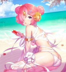 Rule 34 | 1girl, absurdres, bandages, beach, blue eyes, breasts, day, dolce (dolsuke), double bun, fate/grand order, fate (series), frankenstein&#039;s monster (fate), frankenstein&#039;s monster (swimsuit saber) (fate), frankenstein&#039;s monster (swimsuit saber) (third ascension) (fate), hair bun, hair ornament, hairclip, highres, horns, looking back, open mouth, pink hair, ribbon, short hair, single horn, small breasts, solo, starfish, white ribbon