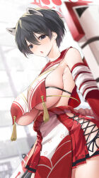 Rule 34 | 1girl, animal ears, black hair, blue archive, blush, breast curtain, breasts, gloves, grey eyes, halo, highres, large breasts, looking at viewer, pelvic curtain, raccoon ears, red gloves, revealing clothes, short hair, sideless outfit, skindentation, solo, tsubaki (blue archive), won (az hybrid)