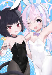Rule 34 | + +, 2girls, absurdres, aged down, alternate costume, animal ears, arm up, armpits, bare shoulders, black choker, black hair, black leotard, black nails, black pantyhose, blue archive, blue background, blue hair, blush, bow, bowtie, breasts, cat ears, cat tail, choker, cleavage, colored inner hair, commentary, covered navel, cowboy shot, detached collar, fake animal ears, fake tail, fang, halo, heart, highleg, highleg leotard, highres, kazusa (blue archive), kittysuit, latex, latex leotard, leotard, low twintails, multicolored hair, multiple girls, nontraditional playboy bunny, nyawoo, one eye closed, open mouth, pantyhose, pink hair, pink halo, playboy bunny, purple bow, purple bowtie, purple eyes, rabbit ears, rabbit tail, red eyes, reisa (blue archive), short hair, small breasts, smile, strapless, strapless leotard, sweatdrop, symbol-only commentary, tail, twintails, two-tone hair, white leotard, white pantyhose, wrist cuffs