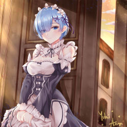 Rule 34 | absurdres, apron, artist name, blue eyes, blue hair, breasts, cleavage, commentary, detached collar, detached sleeves, dimazu, dress, english commentary, eyelashes, eyes visible through hair, frilled dress, frilled sleeves, frills, hair between eyes, hair ornament, hair over one eye, highres, looking at viewer, maid, maid apron, maid headdress, medium breasts, purple ribbon, re:zero kara hajimeru isekai seikatsu, rem (re:zero), ribbon, ribbon trim, short hair, skirt hold, smile, solo, standing, sunset, underbust, v arms, window, x hair ornament