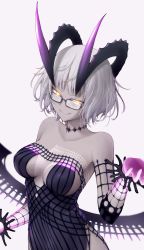 Rule 34 | 1girl, bare shoulders, black dress, breasts, choker, cleavage, collarbone, colored skin, detached sleeves, dress, fate/grand order, fate (series), glasses, grey hair, grey skin, highres, horns, jacques de molay (foreigner) (fate), jacques de molay (foreigner) (third ascension) (fate), large breasts, looking at viewer, meihemu, short dress, short hair, smile, solo, yellow eyes