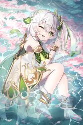 Rule 34 | 1girl, absurdres, anklet, bare shoulders, barefoot, bloomers, blush, bracelet, cape, cross-shaped pupils, detached sleeves, dress, full body, genshin impact, gradient hair, green cape, green eyes, green hair, green sleeves, grey hair, hair between eyes, hair ornament, highres, jewelry, leaf hair ornament, long hair, looking at viewer, multicolored hair, nahida (genshin impact), one eye closed, open mouth, outdoors, partially submerged, petals, pointy ears, se7-000, side ponytail, sidelocks, smile, solo, stirrup footwear, stirrup legwear, symbol-shaped pupils, thighs, toeless footwear, toeless legwear, underwear, water, white bloomers, white dress, white hair
