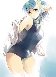 Rule 34 | 1girl, ahoge, ass, bad id, bad pixiv id, blue eyes, blue hair, cape, crescent, crescent hair ornament, hair ornament, hairclip, hidaka ryou, highres, matching hair/eyes, one-piece swimsuit, pointy ears, rena lanford, school swimsuit, short hair, simple background, solo, square enix, star ocean, star ocean the second story, swimsuit, white background