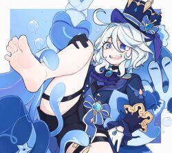 Rule 34 | 1girl, ascot, asymmetrical gloves, barefoot, black gloves, blue ascot, blue eyes, blue hair, blue jacket, blue shorts, border, brooch, commentary, english commentary, feet, foot out of frame, furina (genshin impact), gem, genshin impact, gloves, hat, highres, jacket, jewelry, light blue hair, long sleeves, looking at viewer, medium hair, mismatched gloves, open mouth, shorts, smile, softhanten, soles, solo, spread legs, teeth, thigh strap, toes, top hat, upper teeth only, vision (genshin impact), water, white border, white gloves
