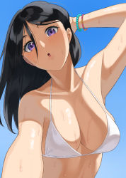 Rule 34 | 1girl, arm behind head, bikini, black hair, blush, bracelet, breasts, cleavage, commentary, detached sleeves, gyouza teishoku, highres, jewelry, large breasts, long hair, looking at viewer, medium breasts, open mouth, original, purple eyes, solo, swimsuit, wet, white bikini