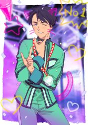 Rule 34 | 10s, 1boy, animal ears, bad id, bad pixiv id, black hair, blue eyes, cat boy, cat ears, cat tail, confetti, crayon, heart, jean-jacques leroy, male focus, medal, momohara kana, one eye closed, smile, solo, star (symbol), tail, whiskers, yuri!!! on ice