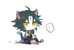 Rule 34 | ..., 1boy, ahoge, animal ears, animal hands, aqua hair, arm tattoo, asymmetrical clothes, bead necklace, beads, bell, black hair, cat ears, chibi, closed mouth, facial mark, forehead mark, genshin impact, gloves, jewelry, male focus, multicolored hair, necklace, pale skin, paw gloves, paw print, paw shoes, shoes, simple background, sitting, skk, solo, spoken ellipsis, tattoo, white background, xiao (genshin impact), yellow eyes