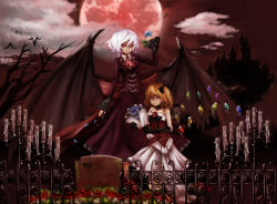 Rule 34 | 2girls, alternate costume, bare shoulders, bat wings, black sclera, blonde hair, blue flower, blue rose, bouquet, candelabra, candle, candlestand, castle, choker, colored sclera, dress, elbow gloves, emerane, female focus, fence, flandre scarlet, flower, full moon, gloves, highres, merutoreimu, moon, multiple girls, no headwear, red eyes, red moon, remilia scarlet, rose, short hair, siblings, side ponytail, silhouette, sisters, strapless, strapless dress, tears, tombstone, touhou, white hair, wings