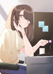 Rule 34 | 1girl, absurdres, blush, brown eyes, brown hair, candy, chair, elbows on table, food, highres, indoors, keyboard, leglet4, lollipop, long hair, looking at viewer, nail polish, original, pink nails, sitting, smile, smirk, solo, sticky note, watch, wristwatch