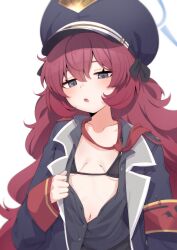 Rule 34 | 1girl, absurdres, armband, bikini, black bikini, black coat, black hat, blue archive, breasts, buttons, coat, collarbone, grey eyes, hair between eyes, halo, hat, highres, iroha (blue archive), long hair, looking at viewer, navel, necktie, open mouth, partially unbuttoned, peaked cap, red hair, red necktie, simple background, sleeves past wrists, small breasts, solo, swimsuit, upper body, valefal coneri, white background
