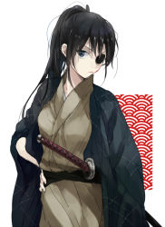 Rule 34 | 1girl, black hair, blue eyes, eyepatch, gintama, haori, japanese clothes, katana, kimono, long hair, ponytail, solo, sword, urahara, weapon, yagyuu kyuubei