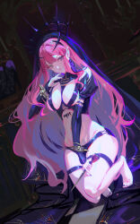 Rule 34 | 1girl, baobhan sith (fate), black nails, breasts, detached sleeves, dutch angle, fate (series), full body, highres, holding, holding weapon, indoors, juliet sleeves, long hair, long sleeves, medium breasts, nail polish, pink hair, pointy ears, puffy sleeves, purple eyes, revealing clothes, sansan (dongfangzhong111), solo, toenail polish, toenails, very long hair, weapon