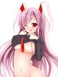Rule 34 | 1girl, alternate costume, animal ears, bad id, bottomless, breasts, cardigan, chimunge, clothes lift, dress shirt, female focus, groin, highres, large breasts, long hair, naked sweater, navel, necktie, no bra, one eye closed, purple hair, rabbit ears, rabbit girl, rabbit tail, red eyes, red necktie, reisen udongein inaba, shirt, shirt lift, solo, sweater, sweater lift, tail, touhou, very long hair, wink