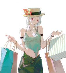 Rule 34 | 1girl, armband, bag, boater hat, bracelet, breasts, chainsaw man, dino (dinoartforame), earrings, fami (chainsaw man), grey hair, head tilt, highres, holding, holding bag, jewelry, looking at viewer, medium breasts, mole, mole under eye, mole under mouth, o-ring leotard, red eyes, ringed eyes, shopping bag, simple background, solo, white background