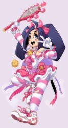 Rule 34 | 1girl, adapted costume, ball, blue eyes, blue hair, capcom, elbow gloves, frills, gloves, hair ornament, happy, heart, justice gakuen, karuizawa momo, magical girl, open mouth, peace symbol, racket, ribbon, shoes, sneakers, solo, striped clothes, striped elbow gloves, striped thighhighs, tennis ball, tennis racket, thighhighs, twintails