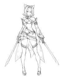 Rule 34 | 1girl, animal ears, bare shoulders, breasts, closed mouth, commentary request, detached sleeves, dress, dual wielding, granblue fantasy, greyscale, haoni, headband, high heels, holding, holding sword, holding weapon, legs apart, long sleeves, looking at viewer, medium breasts, monochrome, navel, pigeon-toed, short dress, short hair, simple background, solo, standing, sword, thighhighs, weapon, white background