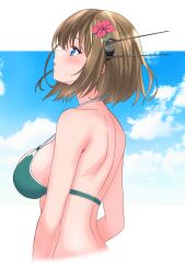 Rule 34 | 1girl, absurdres, back, bikini, blue eyes, blush, breasts, brown hair, cloud, cloudy sky, day, flower, green bikini, hair flower, hair ornament, headgear, highres, kantai collection, large breasts, maya (kancolle), maya kai ni (kancolle), nitamako (sakamalh), outdoors, short hair, sky, swimsuit, upper body, x hair ornament