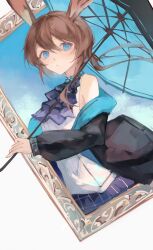 Rule 34 | 1girl, amiya (arknights), animal ears, arknights, ascot, bare shoulders, black jacket, blue ascot, blue collar, blue eyes, blue skirt, brown hair, collar, dutch angle, highres, holding, holding umbrella, jacket, lch, long hair, looking at viewer, off shoulder, open clothes, open jacket, plaid, plaid skirt, ponytail, rabbit ears, rabbit girl, shirt, skirt, sleeveless, sleeveless shirt, solo, umbrella, upper body, white shirt