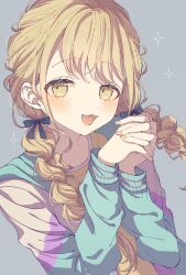 Rule 34 | 1girl, absurdres, blonde hair, blush, braid, commentary, fang, fujita kotone, gakuen idolmaster, grey background, highres, idolmaster, jacket, long hair, looking at viewer, mountain ymmm, open mouth, own hands together, simple background, smile, solo, sparkle, track jacket, twin braids, upper body, yellow eyes