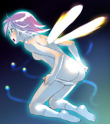 Rule 34 | 1girl, artist request, ass, breasts, copyright request, fairy, female focus, from behind, medium hair, nipples, nude, open mouth, panties, panty pull, purple hair, small breasts, socks, solo, underwear, underwear only, wings, yellow eyes