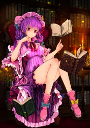 Rule 34 | .sin, 1girl, absurdres, blunt bangs, book, bow, bowtie, breasts, bun cover, commentary request, double bun, dress, hair bun, hat, highres, large breasts, long sleeves, mob cap, neck ribbon, patchouli knowledge, purple dress, purple eyes, purple hair, purple hat, red bow, red bowtie, red ribbon, ribbon, solo, striped clothes, striped dress, touhou, vertical-striped clothes, vertical-striped dress, wide sleeves