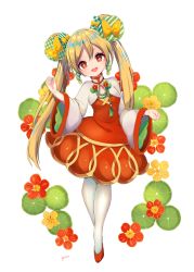 Rule 34 | 1girl, :d, artist name, blonde hair, bow, double bun, dress, earrings, flower-shaped pupils, full body, hair bun, highres, jewelry, long hair, long sleeves, looking at viewer, open mouth, orange bow, original, pantyhose, red dress, red eyes, red footwear, round teeth, shoes, simple background, smile, solo, symbol-shaped pupils, teeth, turtleneck, twintails, very long hair, white background, white pantyhose, wide sleeves, yuma (pixiv38148735)