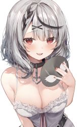 Rule 34 | 1girl, bare arms, bare shoulders, belt, black belt, black collar, black hair, blush, breasts, cleavage, collar, hair ornament, highres, holding, holding mask, hololive, large breasts, looking at viewer, mask, multicolored hair, nail polish, open mouth, red eyes, red nails, sakamata chloe, shirt, silver hair, simple background, smile, solo, standing, streaked hair, teeth, upper body, upper teeth only, virtual youtuber, warayanuko, white background, white shirt, x hair ornament