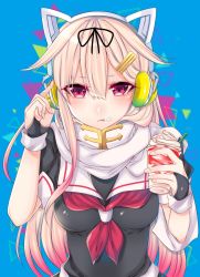 Rule 34 | 10s, 1girl, animal ears, bad id, bad pixiv id, black ribbon, black shirt, blonde hair, blue background, breasts, cat ears, cream, cream on face, fake animal ears, food, food on face, hair between eyes, hair ribbon, headphones, index finger raised, kantai collection, long hair, looking at viewer, medium breasts, multicolored hair, neckerchief, pink hair, red eyes, red neckerchief, ribbon, scarf, school uniform, shiny clothes, shirt, shisei (kyuushoku banchou), short sleeves, simple background, solo, standing, two-tone hair, upper body, very long hair, white scarf, yuudachi (kancolle), yuudachi kai ni (kancolle)