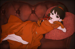 Rule 34 | chocolate fish, couch, dress, earrings, elbow gloves, fish, gloves, hairband, heart, heart-shaped pillow, high heels, jewelry, on couch, osomatsu-san, osomatsu (series), pillow, red dress, red footwear, red hairband, red lips, string of pearls, user pwza2477, yowai totoko