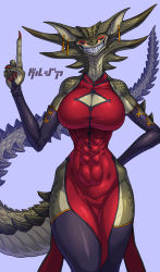 Rule 34 | 1girl, abs, arm behind back, black gloves, black lips, black sclera, black thighhighs, breasts, bridal gauntlets, china dress, chinese clothes, cleavage, cleavage cutout, clothing cutout, colored sclera, colored skin, commentary request, covered navel, dragon girl, dragon tail, dress, earrings, elbow gloves, eyeliner, fingernails, furry, furry female, gloves, green skin, grin, highleg, highleg dress, hip bones, huge breasts, hutago, index finger raised, jewelry, looking at viewer, makeup, muscular, muscular female, nail polish, narrow waist, no panties, original, pointy ears, red dress, red nails, scales, sharp fingernails, sharp teeth, smile, solo, standing, tail, teeth, thick thighs, thighhighs, thighs, translation request