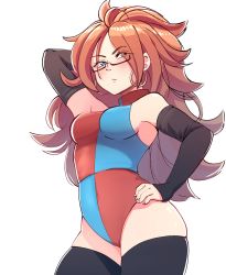 Rule 34 | 1girl, ahoge, android 21, arm up, arm warmers, bare shoulders, blue eyes, blush, breasts, brown hair, coolisushi, dragon ball, dragon ball fighterz, glasses, half-closed eyes, hand on own hip, highres, leotard, long hair, medium breasts, sleeveless, solo, thighhighs, thighs, very long hair