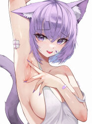 Rule 34 | 1girl, absurdres, animal ears, arm up, armpits, artist name, bandaid, bandaid on arm, bare shoulders, breasts, cat ears, cat tail, commentary, fang, fingernails, gauze, hair between eyes, highres, hololive, kkato, large breasts, looking at viewer, nail polish, nekomata okayu, open mouth, outstretched arm, presenting armpit, purple eyes, purple hair, purple nails, sharp fingernails, short hair, sideboob, simple background, smile, solo, spread armpit, strap slip, tail, tank top, upper body, virtual youtuber, white background, white tank top