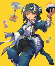Rule 34 | 1girl, :d, absurdres, alternate hairstyle, apron, arknights, belt, bird, bird mask, black apron, black hair, blue jacket, bowl, clothes around waist, coat, collared shirt, drink, food, gloves, hachimaki, hand up, headband, highres, holding, holding bowl, jacket, kawuyuckie, charm (object), looking at viewer, magallan (arknights), magallan (shaved-ice memories) (arknights), mask, mask around neck, multicolored hair, nejiri hachimaki, official alternate costume, open mouth, penguin, rice bowl, shirt, short hair, single glove, smile, solo, towel, two-tone hair, white gloves, white shirt, yellow background, yellow eyes