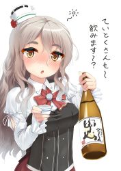 Rule 34 | 10s, 1girl, alcohol, bottle, bow, bowtie, breasts, brown eyes, choko (cup), corset, cup, drunk, eyebrows, grey hair, hair between eyes, hat, kantai collection, long hair, long sleeves, looking at viewer, mini hat, miniskirt, natsunoyuu, open mouth, pola (kancolle), red skirt, sake bottle, shirt, skirt, solo, text focus, thick eyebrows, translated, wavy hair, white shirt