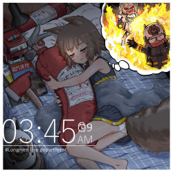 Rule 34 | 2girls, alarm clock, alternate costume, animal ears helmet, arknights, axe, black gloves, brown hair, burning, clock, commentary request, dreaming, fire axe, fire extinguisher, fire helmet, fire truck, firefighter, firefighter jacket, flamethrower, gloves, gobgokao, highres, horns, ifrit (arknights), jacket, lying, motor vehicle, multiple girls, nightmare, hugging object, on bed, on side, open mouth, oxygen tank, panties, pillow, pillow hug, platinum blonde hair, red eyes, shaw (arknights), sleeping, squirrel girl, squirrel tail, tail, truck, underwear, weapon
