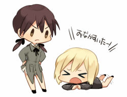 Rule 34 | &gt;:(, &gt; &lt;, 1girl, 2girls, bad id, bad pixiv id, black ribbon, blonde hair, brown hair, chibi, closed eyes, erica hartmann, frown, gertrud barkhorn, hair ribbon, hands on own hips, kodamari, long hair, military, military uniform, multiple girls, open mouth, panties, ribbon, short hair, simple background, strike witches, tantrum, twintails, underwear, uniform, v-shaped eyebrows, white background, white panties, world witches series