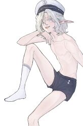 1boy blush dungeon_meshi elf feet_out_of_frame grey_eyes grey_hair half_up_braid hat highres knee_up looking_at_viewer male_focus mchi125 medium_hair mithrun mithrun_(young) navel nipples open_mouth pointy_ears short_shorts shorts simple_background sitting smile socks solo topless_male wavy_hair white_background white_socks