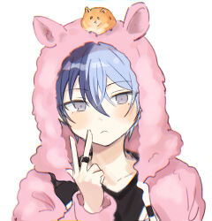Rule 34 | 1boy, animal ears, aoyagi touya, beat eater (vocaloid), blue hair, closed mouth, commentary request, dark blue hair, fake animal ears, grey eyes, hamster, hood, hood up, hooded jacket, jacket, jewelry, long sleeves, male focus, mole, mole under eye, multicolored hair, pjmiyo, project sekai, ring, short hair, solo, vocaloid, white background