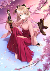 Rule 34 | 1girl, ahoge, arm guards, barefoot, black bow, blonde hair, blurry, blush, boots, unworn boots, bow, breasts, brown footwear, cherry blossoms, closed mouth, cross-laced footwear, depth of field, fate (series), full body, grey eyes, hair between eyes, hair bow, hakama, hakama skirt, half updo, high heel boots, high heels, highres, holding, holding sword, holding weapon, japanese clothes, jh, katana, kimono, knees up, koha-ace, lace-up boots, looking at viewer, medium breasts, okita souji (fate), okita souji (koha-ace), outdoors, petals, petals on liquid, pink kimono, pleated skirt, ponytail, purple skirt, red hakama, sheath, sheathed, shoes, unworn shoes, sitting, skirt, smile, solo, sword, tsurime, water, weapon