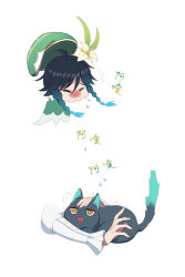Rule 34 | 1boy, ^^^, aliceseed, androgynous, animal, animification, beret, black hair, blue hair, braid, cat, chinese text, closed eyes, commentary request, flower, frilled sleeves, frills, genshin impact, gradient hair, green headwear, hat, highres, leaf, long sleeves, male focus, multicolored hair, short hair with long locks, sidelocks, simple background, sneezing, translation request, twin braids, venti (genshin impact), white background, white flower, xiao (genshin impact)